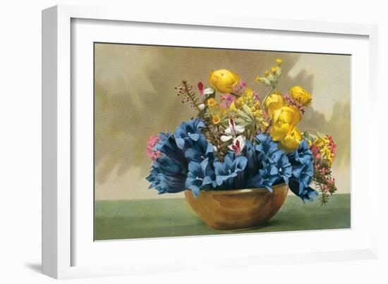 Yellow Ranunculus and Bluebells-null-Framed Art Print