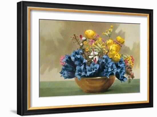 Yellow Ranunculus and Bluebells-null-Framed Art Print