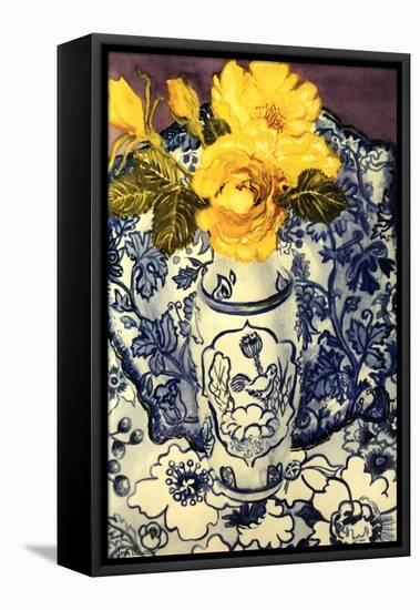 Yellow Roses in a Blue and White Vase with Patterned Blue and White Textiles-Joan Thewsey-Framed Premier Image Canvas