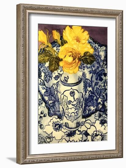 Yellow Roses in a Blue and White Vase with Patterned Blue and White Textiles-Joan Thewsey-Framed Giclee Print