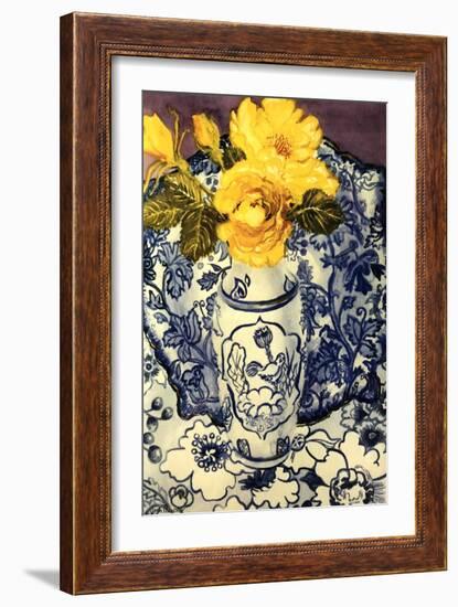 Yellow Roses in a Blue and White Vase with Patterned Blue and White Textiles-Joan Thewsey-Framed Giclee Print