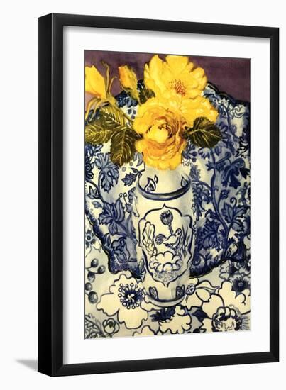 Yellow Roses in a Blue and White Vase with Patterned Blue and White Textiles-Joan Thewsey-Framed Giclee Print