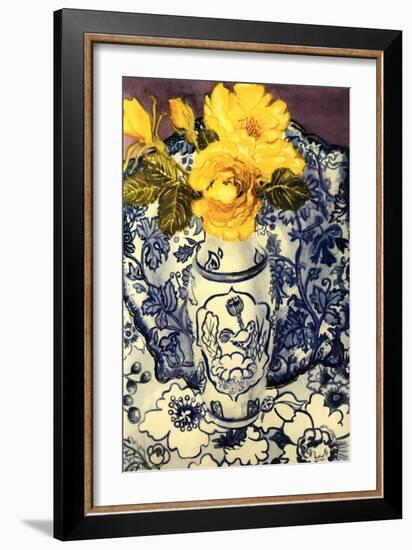 Yellow Roses in a Blue and White Vase with Patterned Blue and White Textiles-Joan Thewsey-Framed Giclee Print