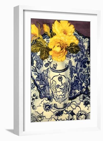 Yellow Roses in a Blue and White Vase with Patterned Blue and White Textiles-Joan Thewsey-Framed Giclee Print