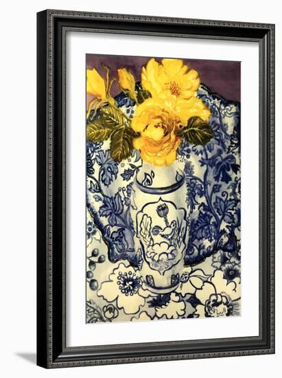 Yellow Roses in a Blue and White Vase with Patterned Blue and White Textiles-Joan Thewsey-Framed Giclee Print