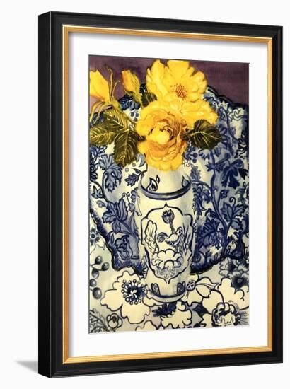 Yellow Roses in a Blue and White Vase with Patterned Blue and White Textiles-Joan Thewsey-Framed Giclee Print