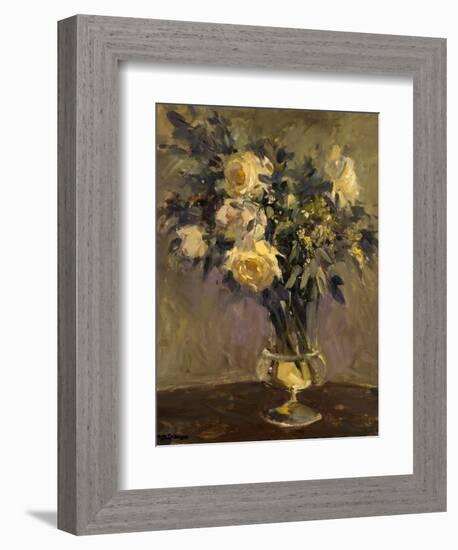 Yellow Roses In Glass Vase-Allayn Stevens-Framed Premium Giclee Print