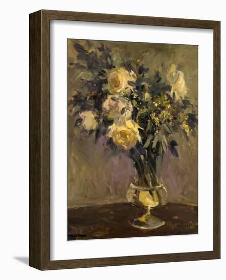 Yellow Roses In Glass Vase-Allayn Stevens-Framed Art Print