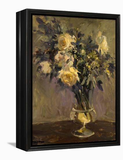 Yellow Roses In Glass Vase-Allayn Stevens-Framed Stretched Canvas