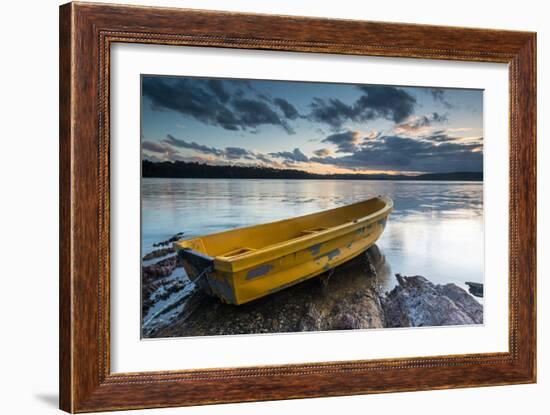 Yellow Rowing Boat on the Shore of a Lake in Bermagui, Australia at Sunset-A Periam Photography-Framed Photographic Print