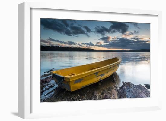 Yellow Rowing Boat on the Shore of a Lake in Bermagui, Australia at Sunset-A Periam Photography-Framed Photographic Print