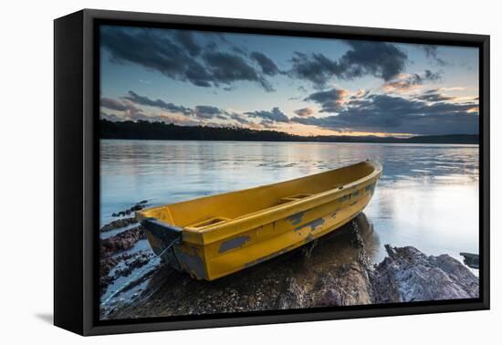 Yellow Rowing Boat on the Shore of a Lake in Bermagui, Australia at Sunset-A Periam Photography-Framed Premier Image Canvas