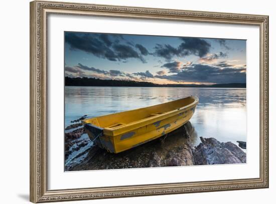 Yellow Rowing Boat on the Shore of a Lake in Bermagui, Australia at Sunset-A Periam Photography-Framed Photographic Print