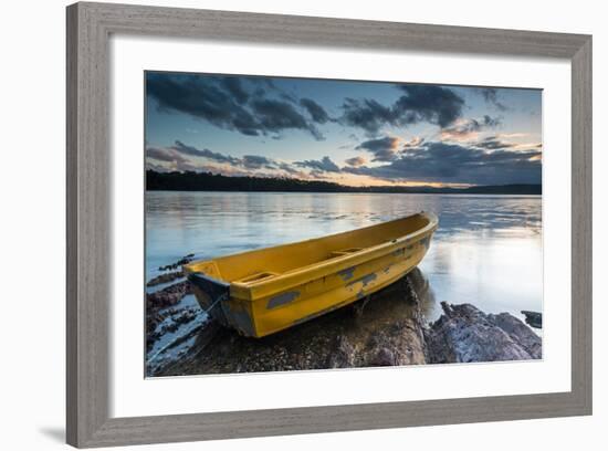 Yellow Rowing Boat on the Shore of a Lake in Bermagui, Australia at Sunset-A Periam Photography-Framed Photographic Print