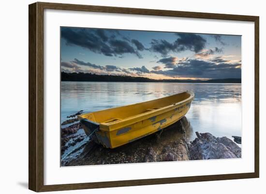 Yellow Rowing Boat on the Shore of a Lake in Bermagui, Australia at Sunset-A Periam Photography-Framed Photographic Print