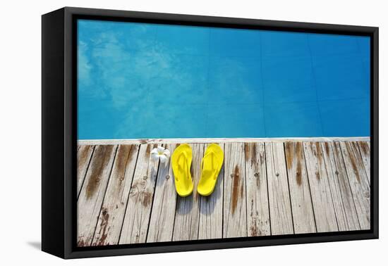 Yellow Sandals by a Swimming Pool-haveseen-Framed Premier Image Canvas