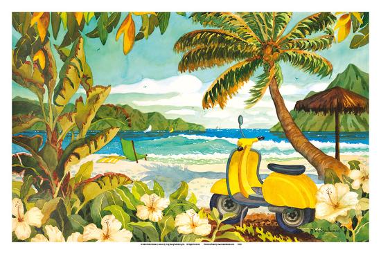 Yellow Scooter In Paradise Tropical Beach Ocean View Hawaii