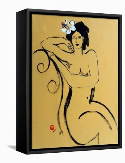 Yellow Seated Nude with White Flower and Bird-Susan Adams-Framed Premier Image Canvas