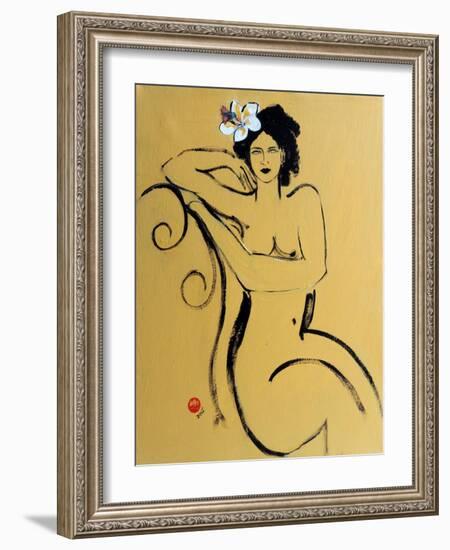 Yellow Seated Nude with White Flower and Bird-Susan Adams-Framed Giclee Print