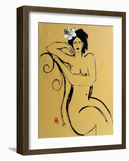 Yellow Seated Nude with White Flower and Bird-Susan Adams-Framed Giclee Print