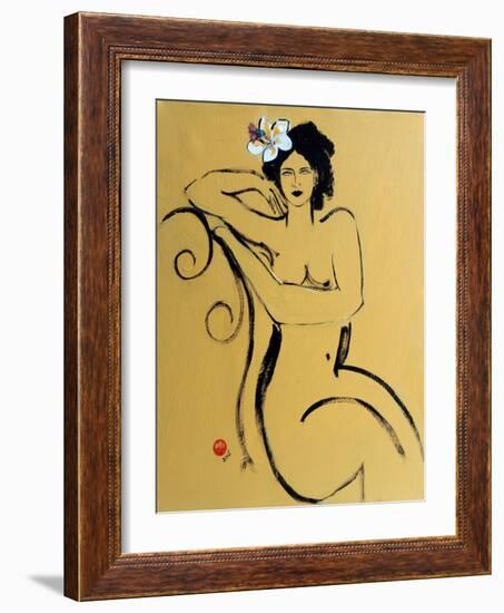 Yellow Seated Nude with White Flower and Bird-Susan Adams-Framed Giclee Print