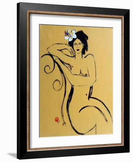 Yellow Seated Nude with White Flower and Bird-Susan Adams-Framed Giclee Print