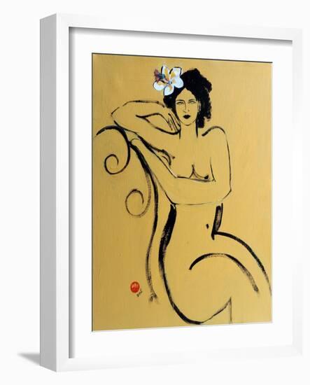 Yellow Seated Nude with White Flower and Bird-Susan Adams-Framed Giclee Print