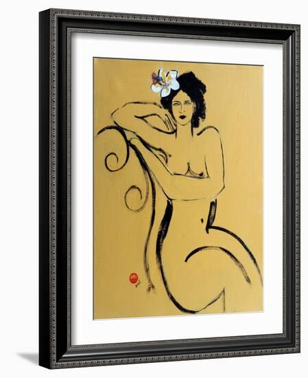 Yellow Seated Nude with White Flower and Bird-Susan Adams-Framed Giclee Print