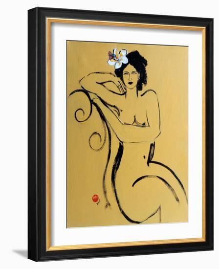 Yellow Seated Nude with White Flower and Bird-Susan Adams-Framed Giclee Print