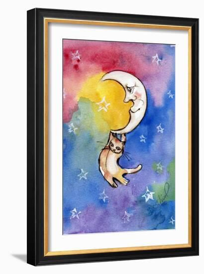 Yellow Tabby Cat Hanging from Moon-sylvia pimental-Framed Art Print