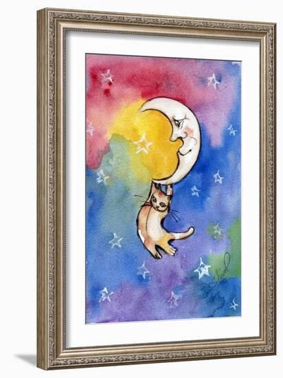 Yellow Tabby  Cat Hanging from Moon-sylvia pimental-Framed Art Print