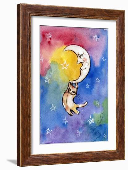 Yellow Tabby  Cat Hanging from Moon-sylvia pimental-Framed Art Print