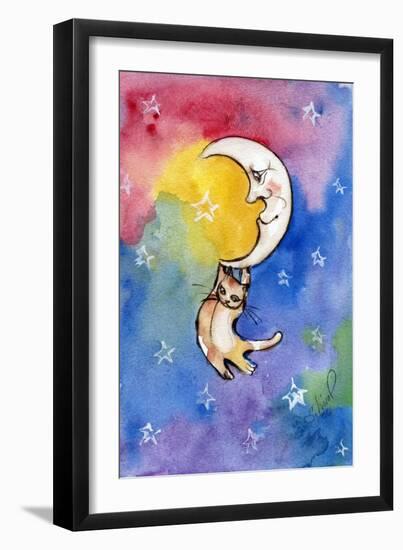 Yellow Tabby  Cat Hanging from Moon-sylvia pimental-Framed Art Print