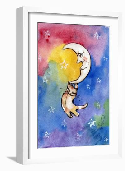 Yellow Tabby  Cat Hanging from Moon-sylvia pimental-Framed Art Print