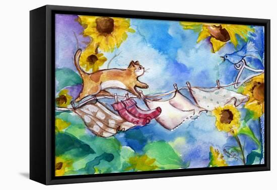 Yellow Tabby Cat Walking on Clothesline-sylvia pimental-Framed Stretched Canvas