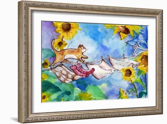 Yellow Tabby Cat Walking on Clothesline-sylvia pimental-Framed Art Print