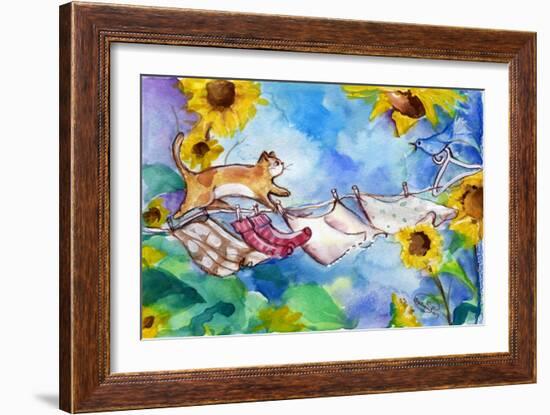 Yellow Tabby Cat Walking on Clothesline-sylvia pimental-Framed Art Print