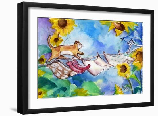 Yellow Tabby Cat Walking on Clothesline-sylvia pimental-Framed Art Print