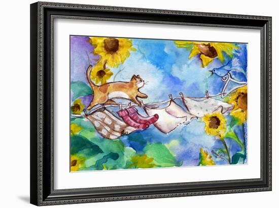 Yellow Tabby Cat Walking on Clothesline-sylvia pimental-Framed Art Print