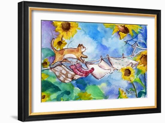 Yellow Tabby Cat Walking on Clothesline-sylvia pimental-Framed Art Print