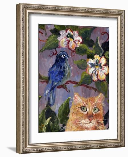 Yellow Tabby Cat watching Bluebird-sylvia pimental-Framed Art Print