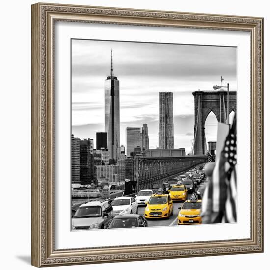 Yellow Taxi on Brooklyn Bridge Overlooking the One World Trade Center (1WTC)-Philippe Hugonnard-Framed Premium Photographic Print