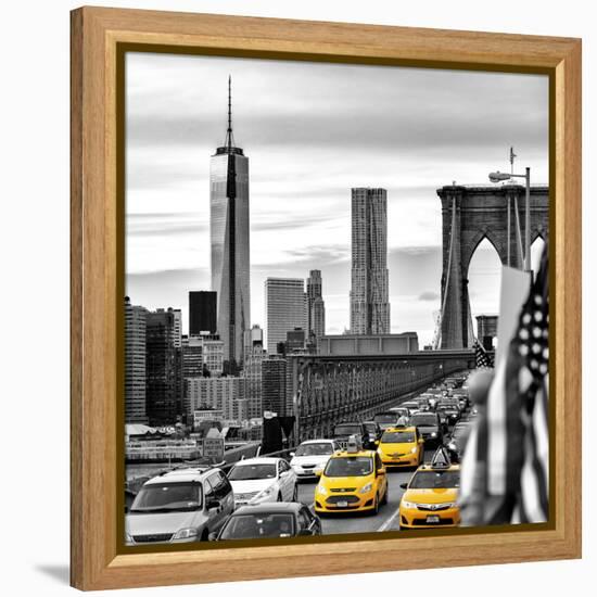 Yellow Taxi on Brooklyn Bridge Overlooking the One World Trade Center (1WTC)-Philippe Hugonnard-Framed Premier Image Canvas
