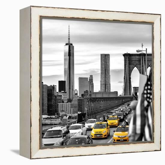 Yellow Taxi on Brooklyn Bridge Overlooking the One World Trade Center (1WTC)-Philippe Hugonnard-Framed Premier Image Canvas