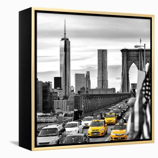 Yellow Taxi on Brooklyn Bridge Overlooking the One World Trade Center (1WTC)-Philippe Hugonnard-Framed Premier Image Canvas