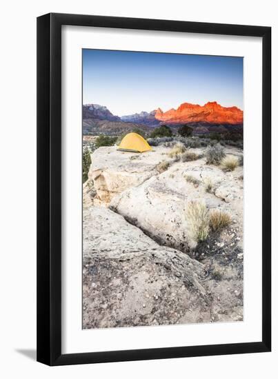 Yellow Tent And The Sun Setting On The Mountain Cliffs In The Background-Lindsay Daniels-Framed Photographic Print