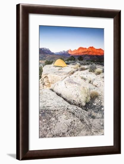 Yellow Tent And The Sun Setting On The Mountain Cliffs In The Background-Lindsay Daniels-Framed Photographic Print