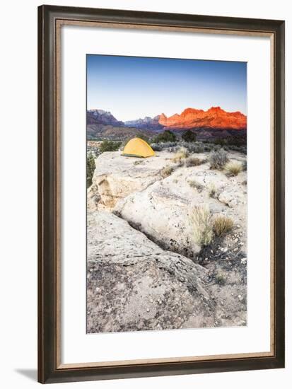 Yellow Tent And The Sun Setting On The Mountain Cliffs In The Background-Lindsay Daniels-Framed Photographic Print