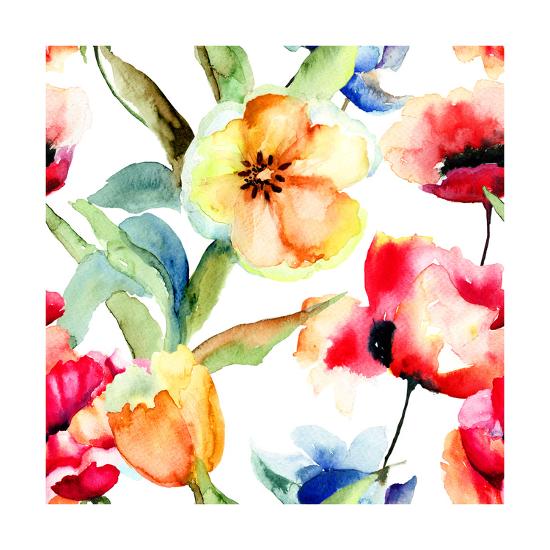 Poppy Wallpaper 5592 yellow tulips and poppy flowers print by ateli Poppy Wallpaper 5592 yellow tulips and poppy flowers print by ateli