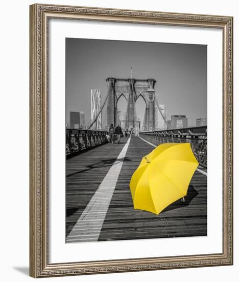 Yellow Umbrella Brooklyn Bridge-null-Framed Art Print